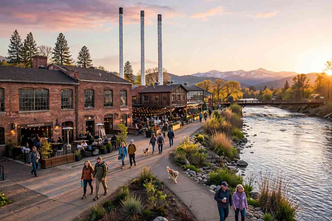 The Deschutes River flowing through Bend's Old Mill District with the Cascade peaks beyond